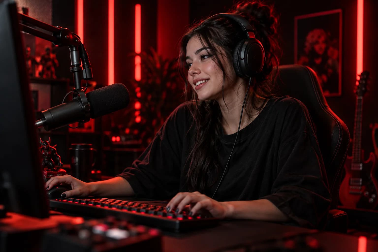 Illustrative creator at a microphone in a neon-lit studio